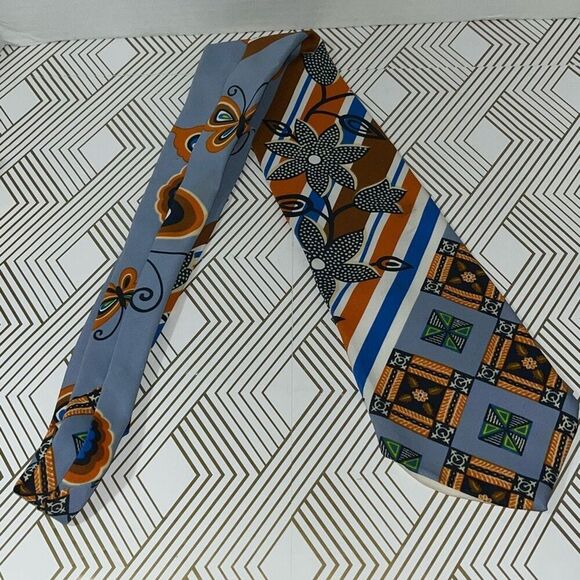Marshall Field & Company Mens Geometric Floral Print Neck Tie Orange Black Blue - Picture 2 of 6
